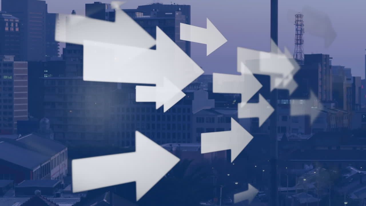 여러 화살표 아이콘의 애니메이션이 도시 풍경의 공중 전망에 대해 움직입니다.