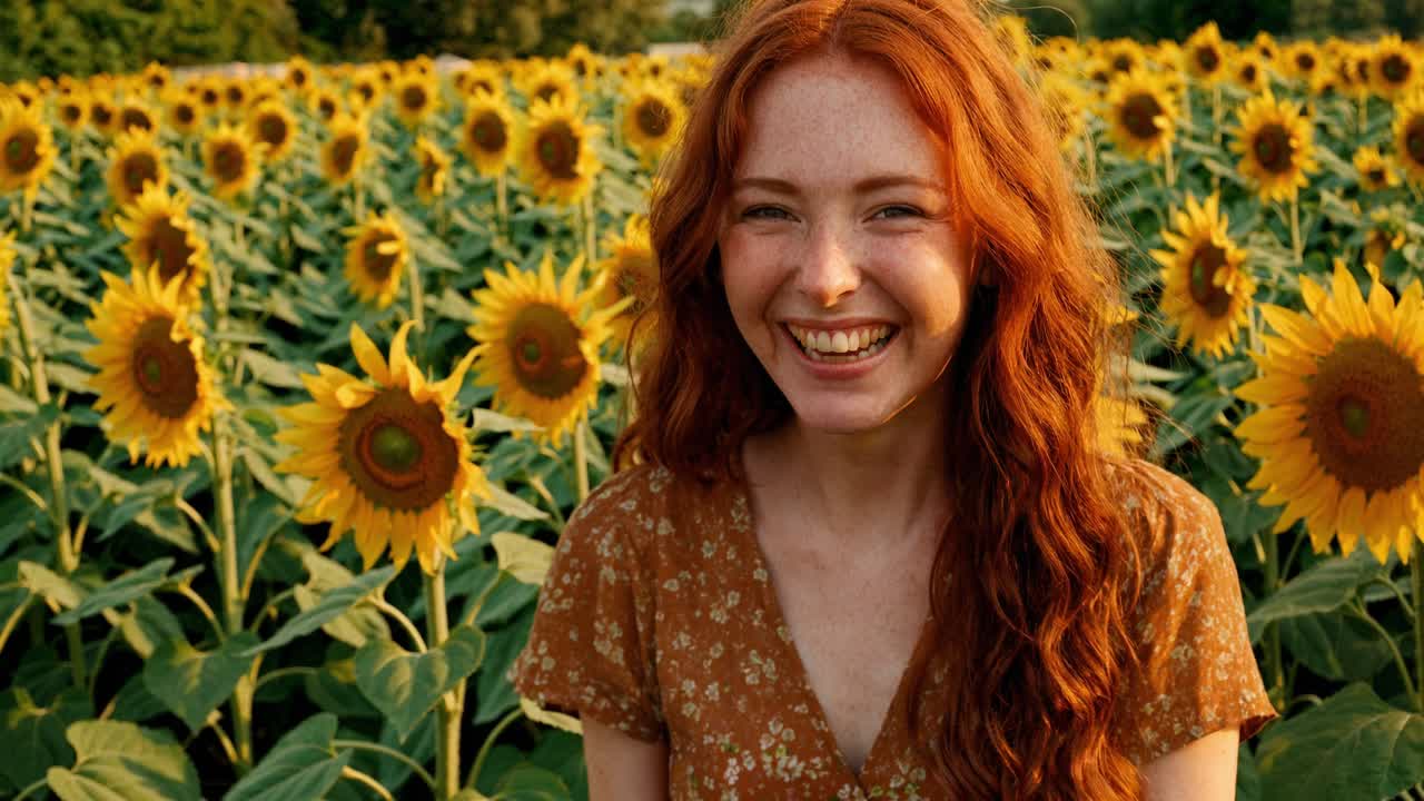 A young woman stands in the midst of a vibrant sunflower field, showcasing a bright smile that radiates happiness. Her long, wavy red hair flows down her shoulders, complementing her floral dress that blends harmoniously with the colorful surroundings. The sun shines brightly, creating a warm atmosp