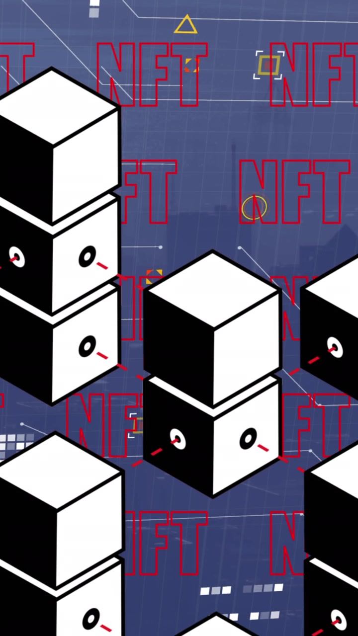 Animation of cubes and nft over blurred cityscape
