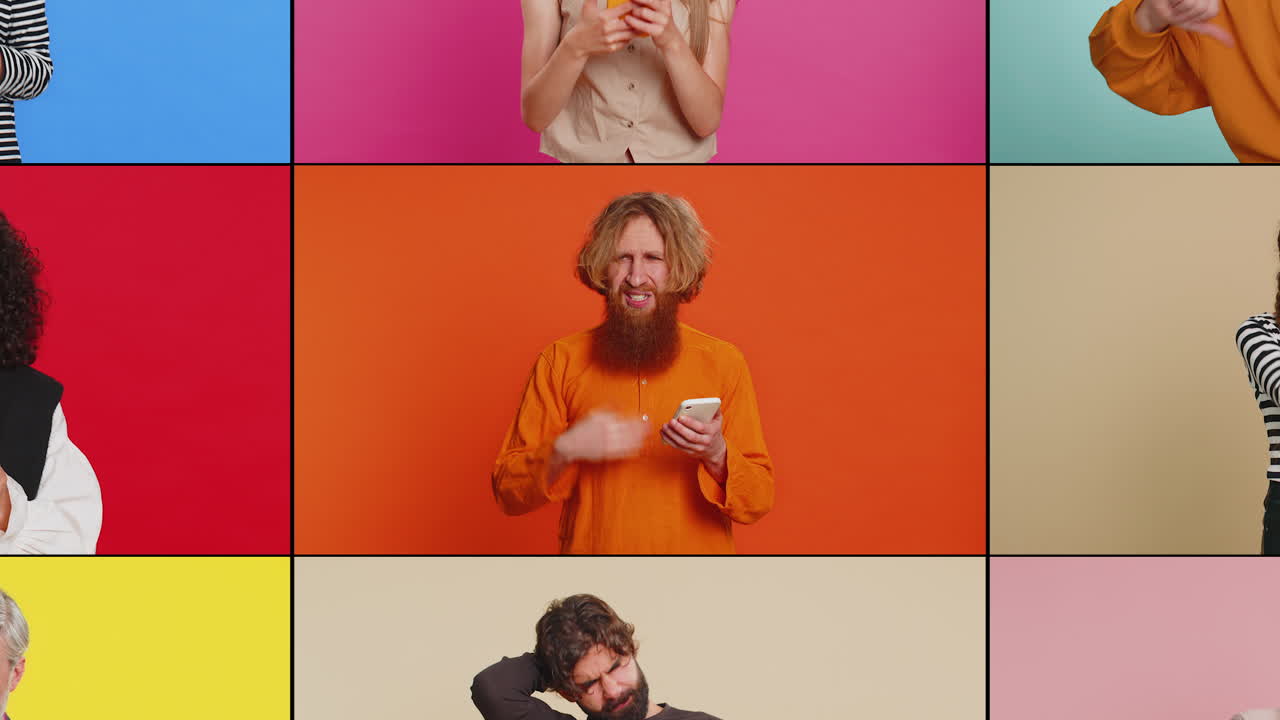 colage de personas molestas y frustradas hombres mujeres que usan teléfonos inteligentes reciben malas noticias pérdida juego fallo