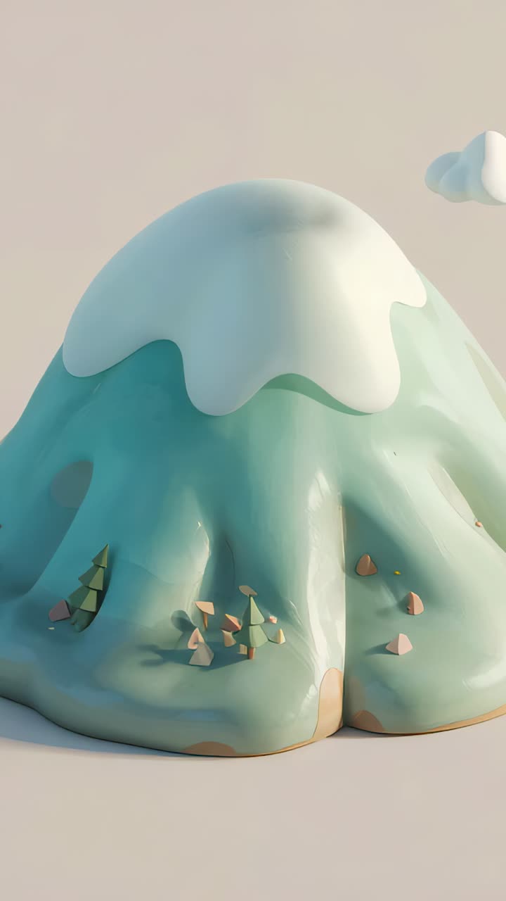 Vertical video: Animation playing snowcap rising then settling on green mountain to demo cap in set