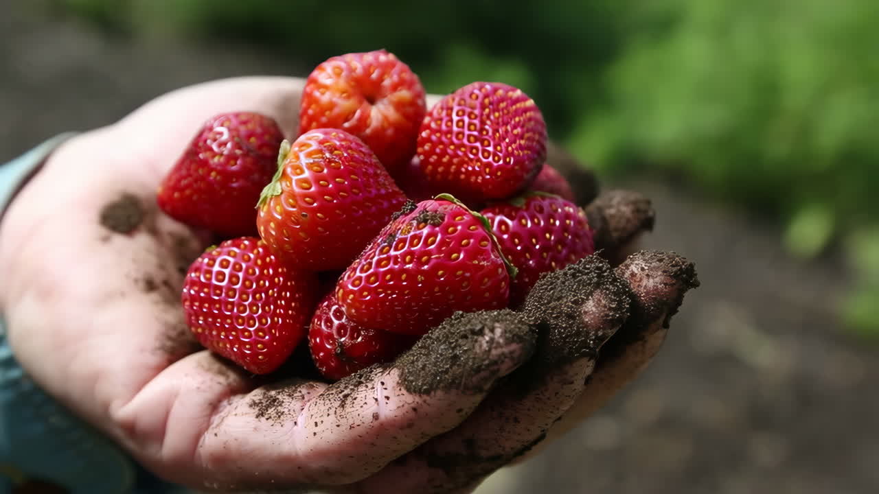 Hand holding fresh strawberries with soil