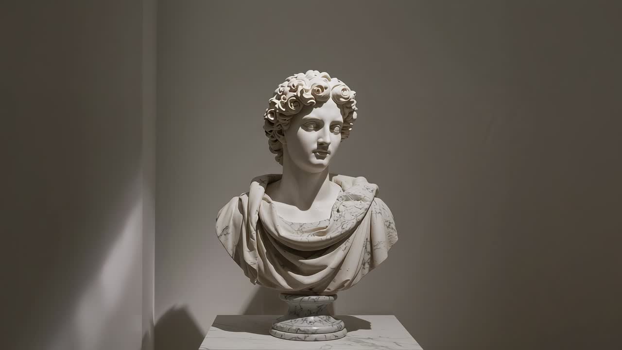 Zooming camera capturing marble bust on pedestal in gallery corner to highlight drapery details