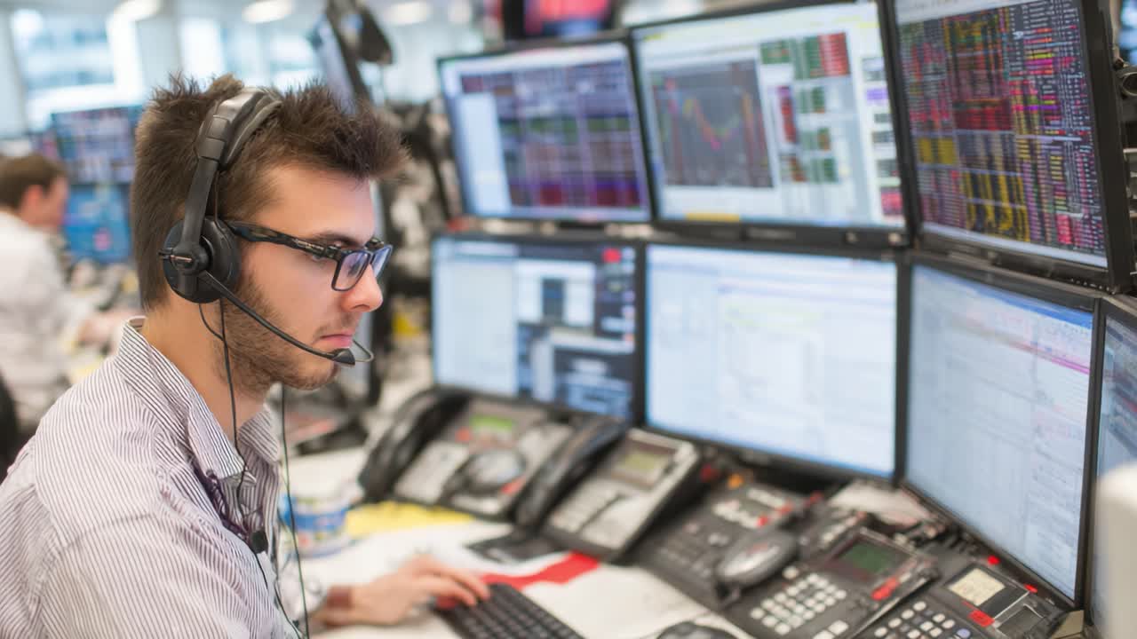 Focused trader analyzing stock market data on multiple screens in a fast-paced financial environment, utilizing technology to make informed investment decisions