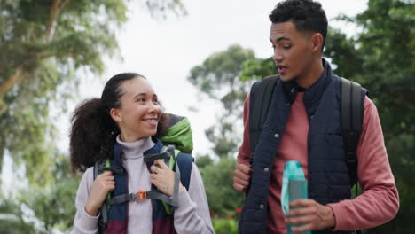 Couple,-hiking-and-walking-in-a-forest-for-travel