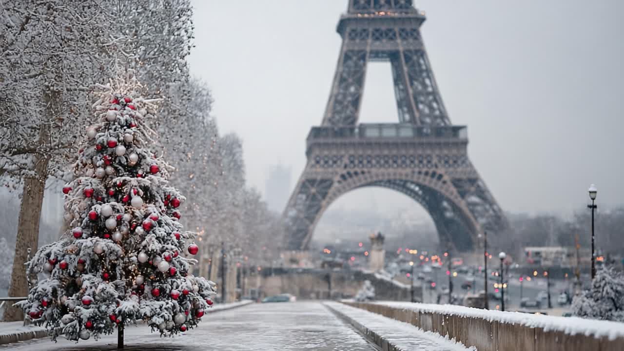Paesaggio invernale incantato: un albero di Natale innevato illuminato di fronte alla Torre Eiffel, che cattura l'essenza della gioia delle feste e del fascino parigino in una scena magica