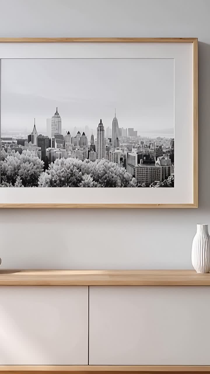 A Beautiful Black and White Horizontal Landscape Photograph of an Urban Skyline Framed and Displayed on a Stylish Modern Living Room Wall with Decorative Accents