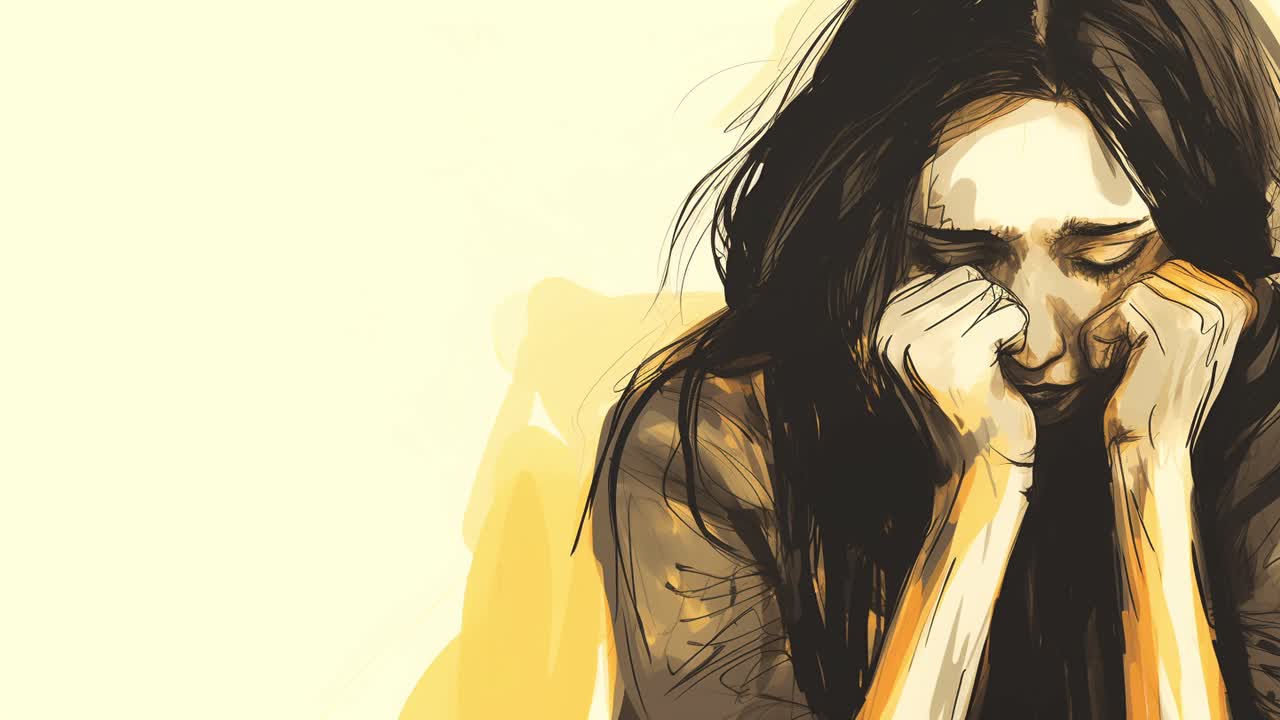 손으로 얼굴을  ⁇ 고 있는 불안한 여성의 애니메이션 루프