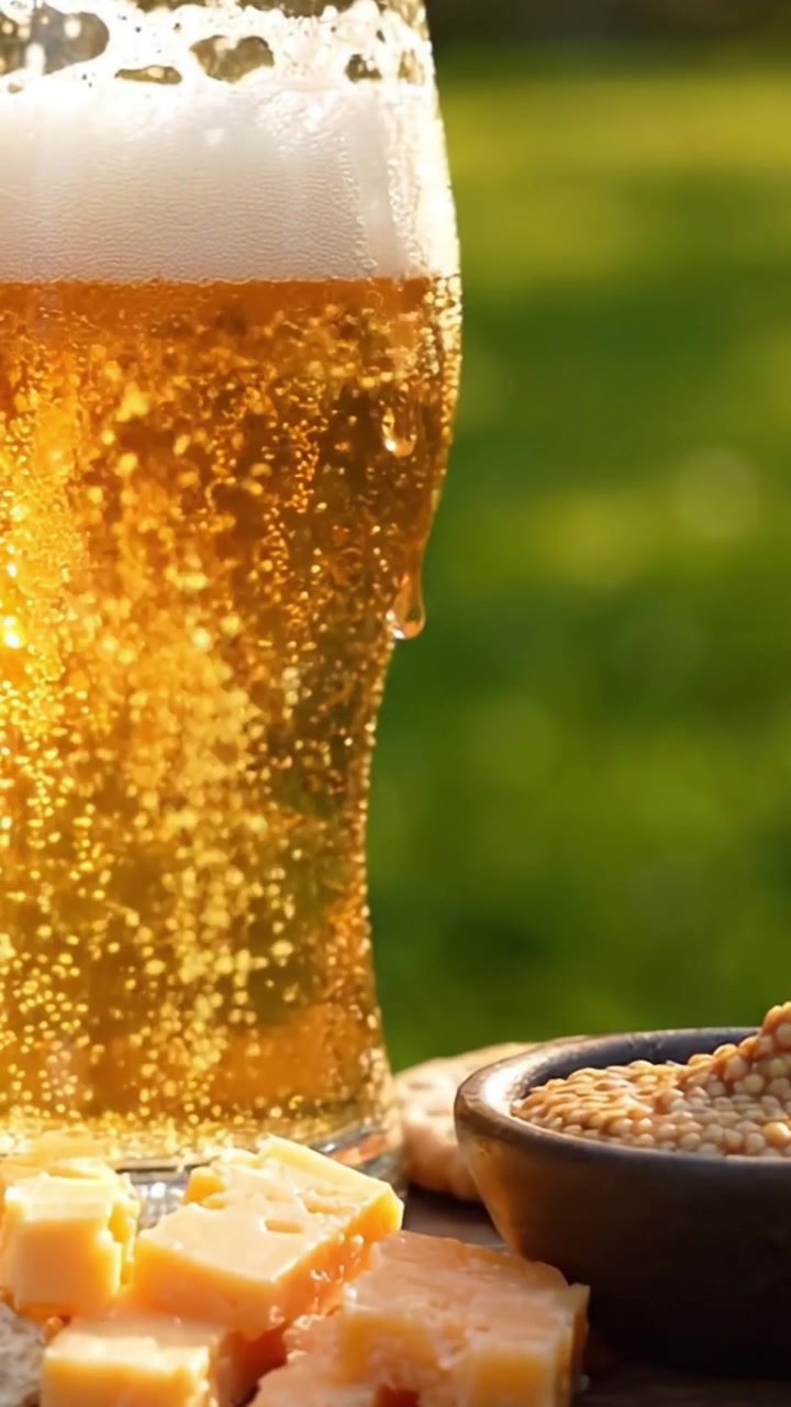 Rinfrescante bicchiere di birra circondato da stuzzichini salati, che cattura la perfetta freschezza e l'abbinamento di sapori per piacevoli incontri alla luce naturale.