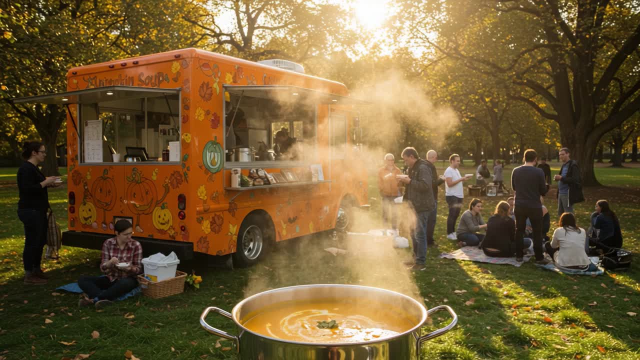 Um Dia Ensolarado de Outono no Parque: Pessoas Desfrutando de Sopa Quente de um Food Truck Colorido, Rodeadas pela Natureza e Risadas em uma Atmosfera Festiva