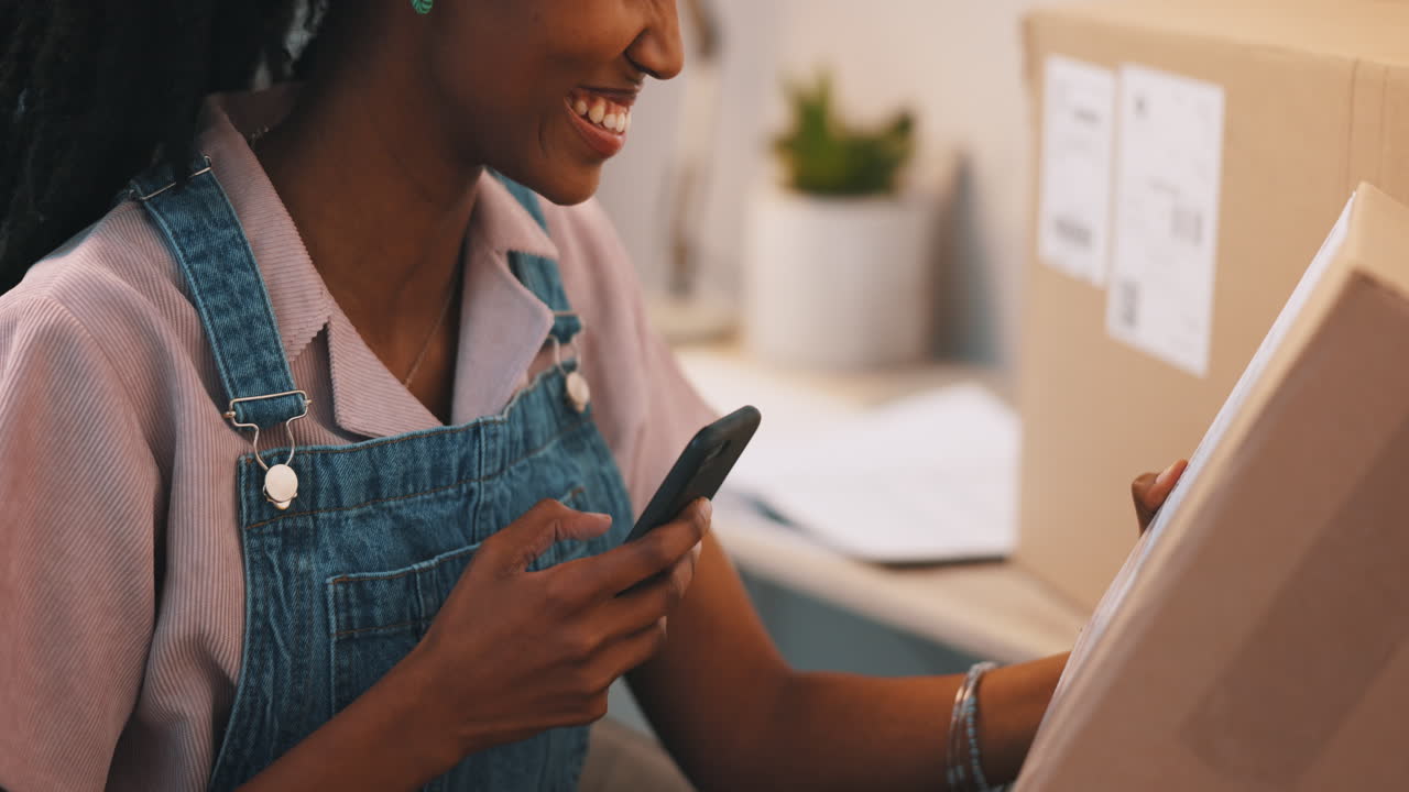 Woman, cardboard box and phone for tracking code