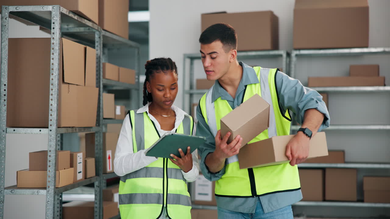 Warehouse workers checking inventory with tablet