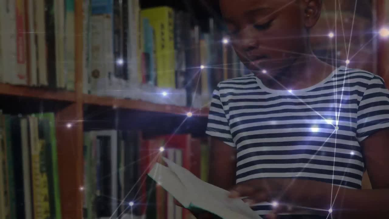 animación de redes de conexiones sobre una colegiala afroamericana leyendo un libro