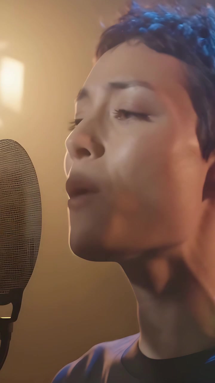 Vertical video: Recording starting Asian female singing into mic with pop filter, studio backlight