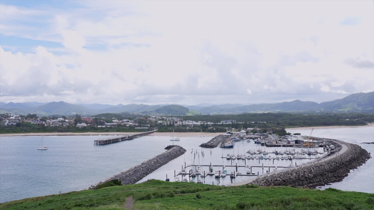 Wide shot of Coffs Harbour and the marina, New South Wales, Australia