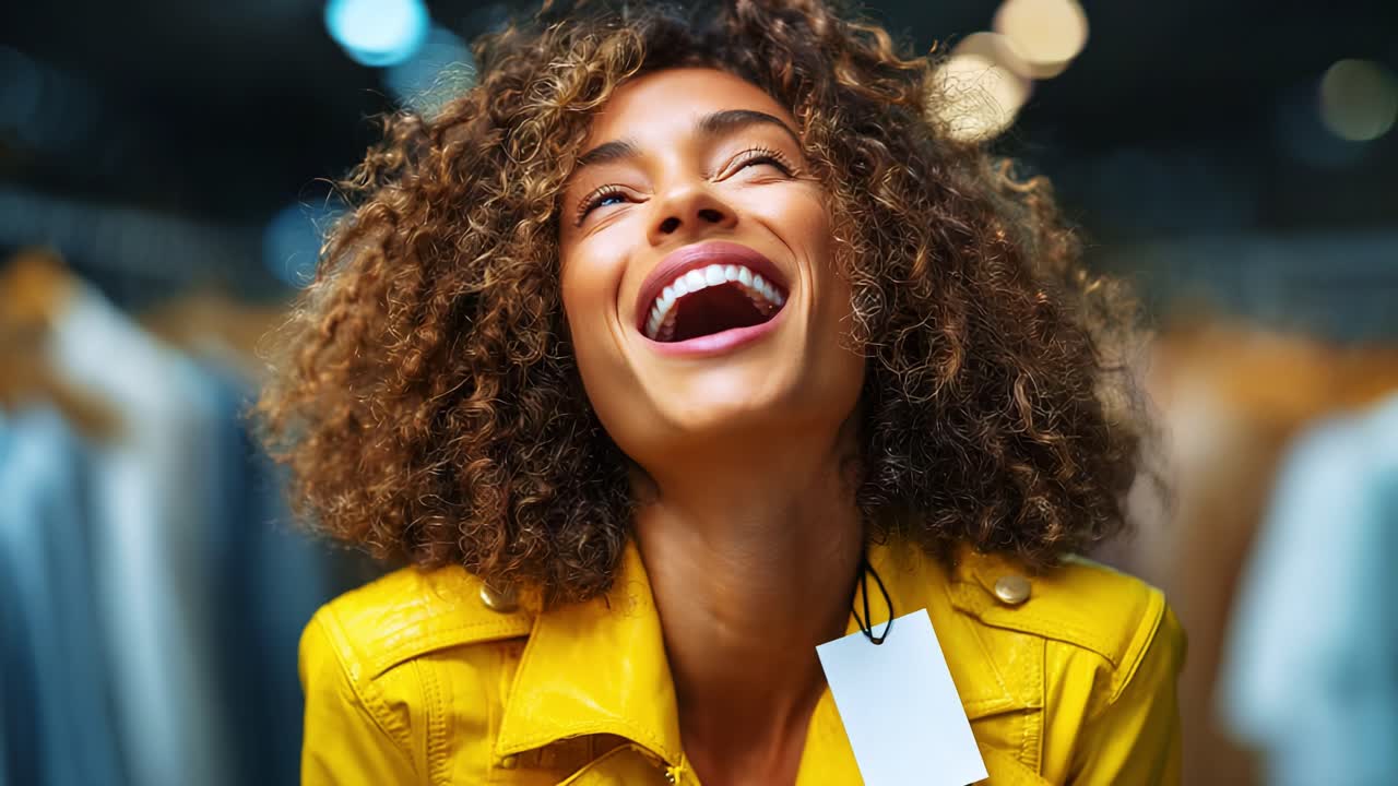 A Joyful Moment: Capturing the Delightful Expression of a Woman in a Yellow Jacket Enjoying Fashion in a Boutique Setting Filled with Colorful Clothing
