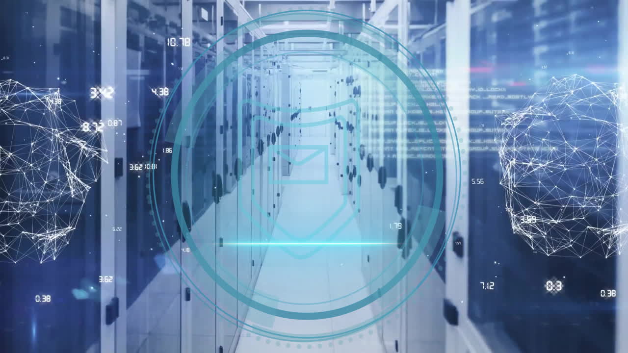 animación de texto de seguridad cibernética y procesamiento de datos digitales a través de servidores informáticos