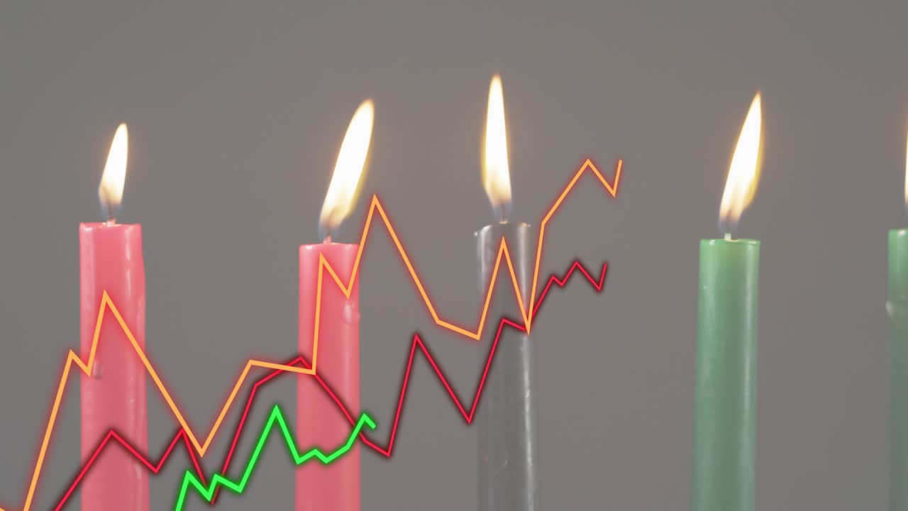 Lines animating, flickering flames melting wax, igniting black and green candles, visualizing data