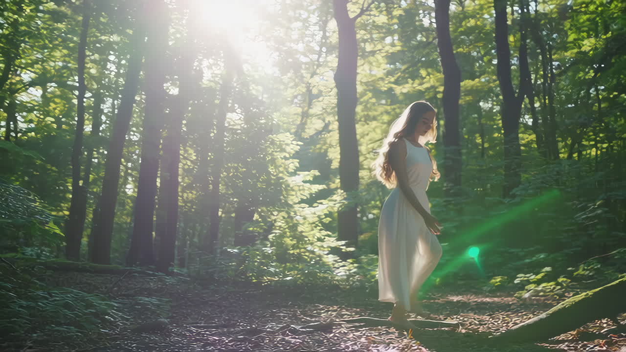 Young Woman in White Dress Explores a Sunlit Forest