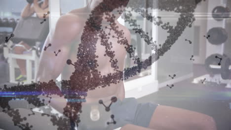 animación de la hilatura de cadenas de adn y procesamiento de datos sobre el ejercicio del hombre fuerte