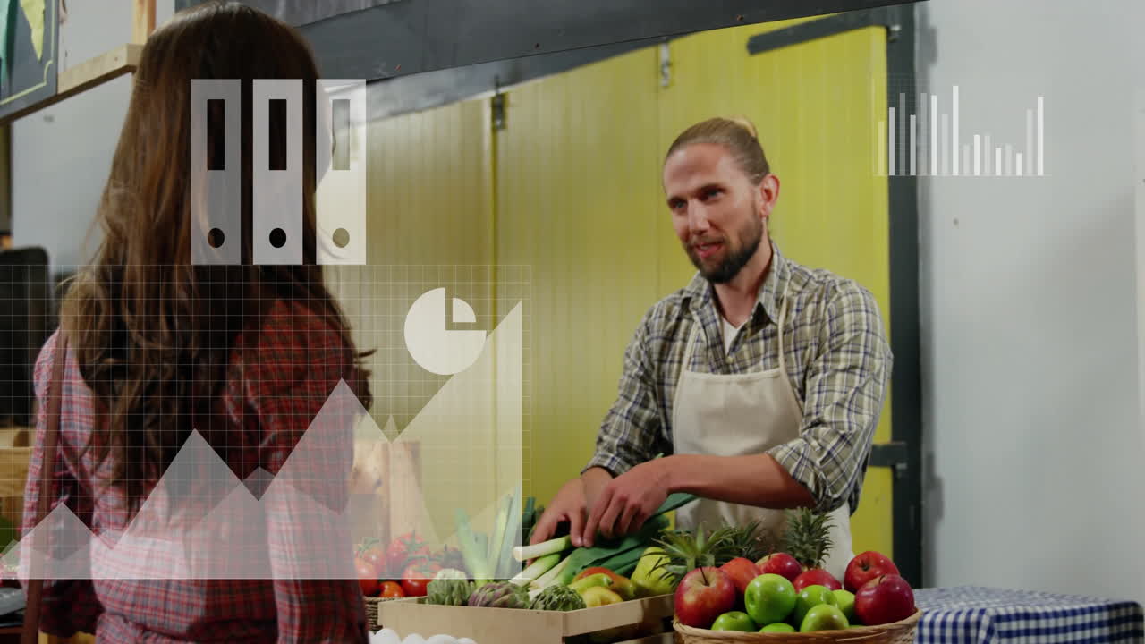 Business data analysis animation over people shopping at fruit market