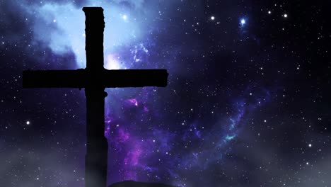 silhouette cross with glowing stars space background