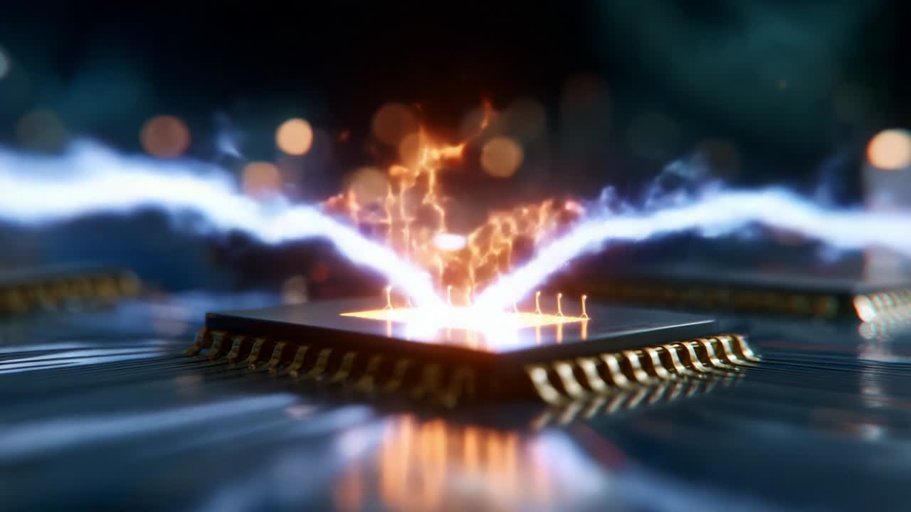 A mesmerizing close-up of an electronic circuit board showcasing the dynamic flow of energy and electric sparks emanating from a microchip, highlighting the intersection of technology and innovation