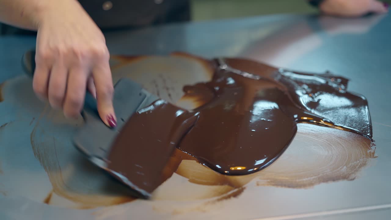 un confitero hace glaseado de chocolate usando un raspador de pastelería