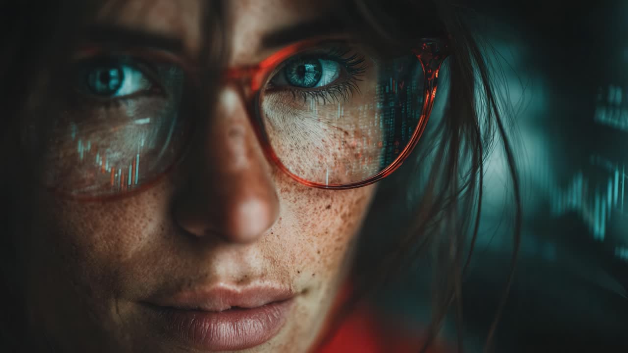 A Close-Up on a Focused Female With Freckles and Glasses Analyzing Data Trends in a Digital Environment, Capturing the Intricacies of Modern Analytics and Technology
