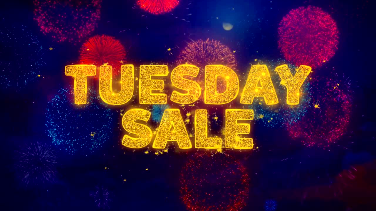 화요일 판매 텍스트는 다채로운 불꽃놀이 폭발 입자입니다.