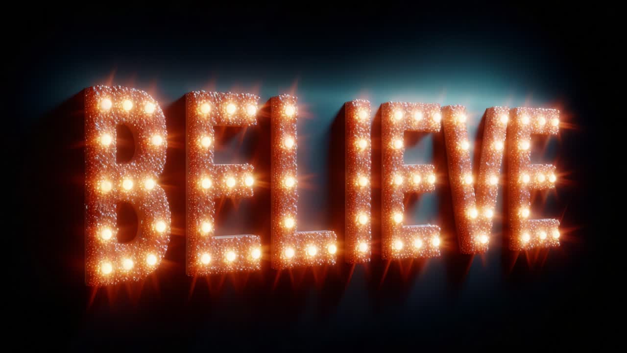 A Glowing Display of Inspiration: The Word 'Believe' Illuminated Beautifully with Bright Lights and Sparkling Effects, Radiating Positivity and Motivation in an Eye-Catching Presentation