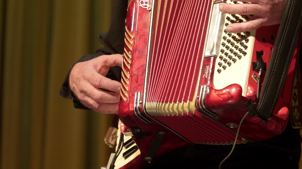 Closeup of an accordionist's hands performing onstage during a folk festival.