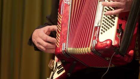 closeup of an accordionist's hands performing onstage during a folk festival.
