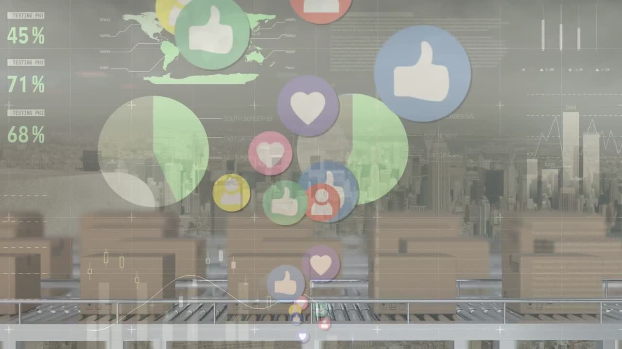 Animation of icons and financial data processing over boxes on conveyor belts and cityscape