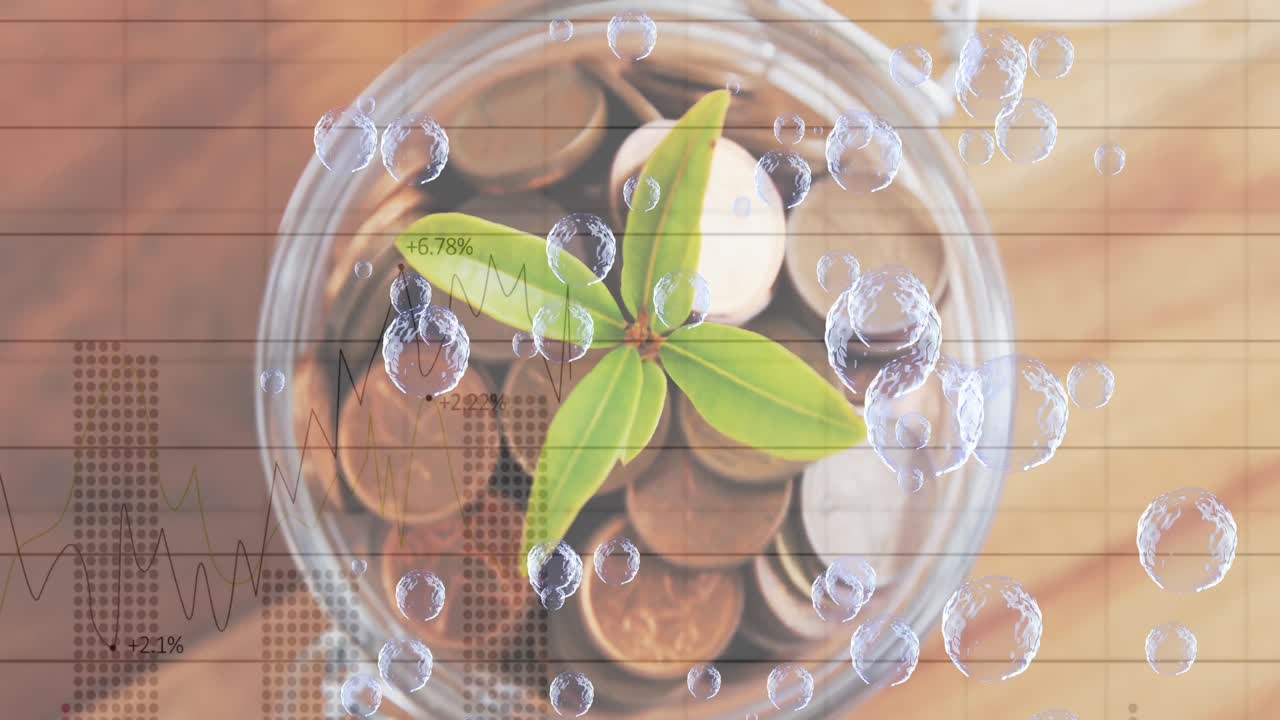 동전으로 가득 찬 유리조각에 대한 금융 데이터 처리에 대해 떠다니는 여러 거품