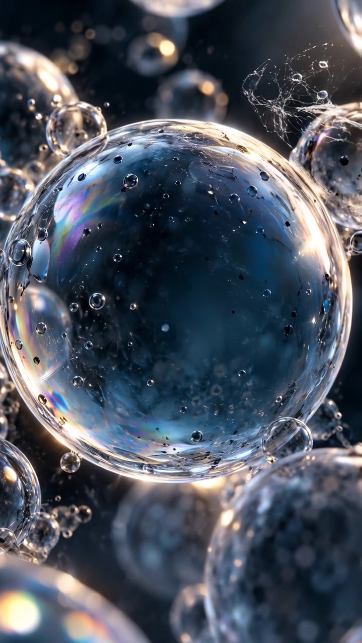 Una vista ravvicinata mostra sfere trasparenti raggruppate che si muovono delicatamente attorno a una sfera centrale, mentre goccioline sospese e delicati filamenti brillano con un effetto sfocato sotto tonalità blu fredde e una retroilluminazione calda