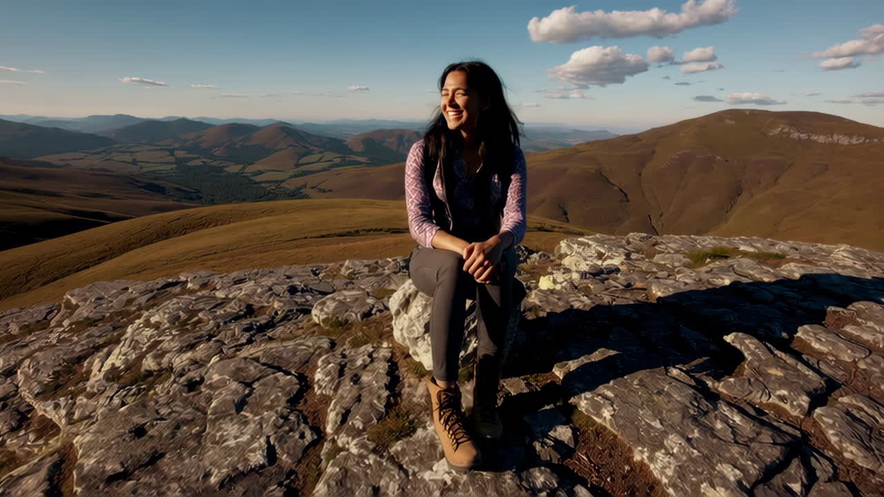 mujer sentada en la cima de la montaña
