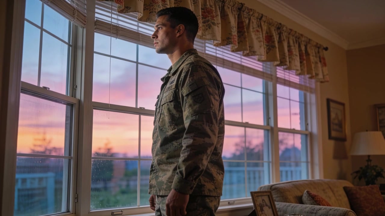 Stehender Soldat in Uniform blickt aus dem Fenster, während der Sonnenuntergang warmes Licht wirft, das sich am Beistelltisch spiegelt.