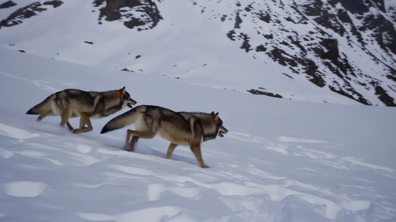 Wolves Running in Snowy Mountains