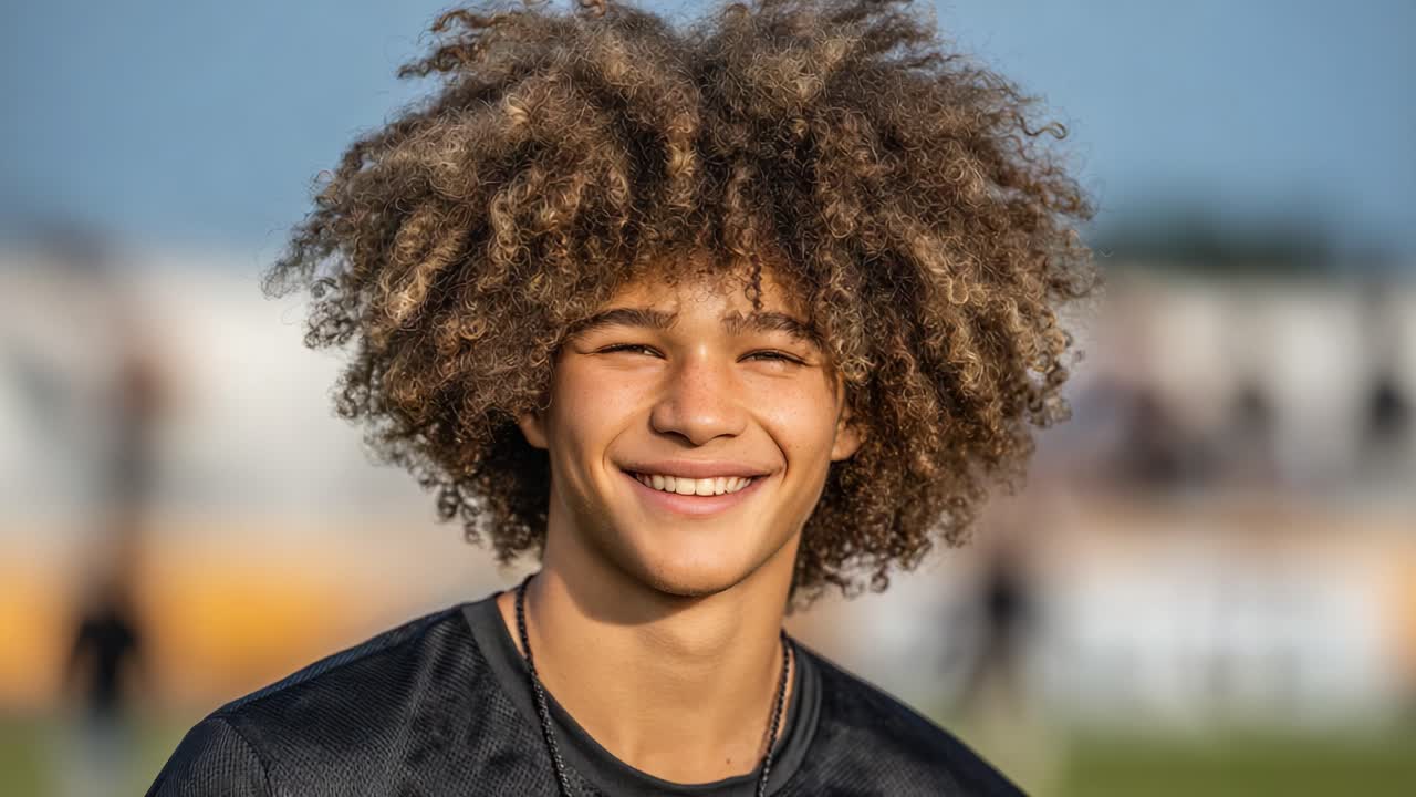 Un giovane atleta gioioso con capelli ricci che mostra un sorriso luminoso, catturato in un momento di felicità e fiducia sul campo.