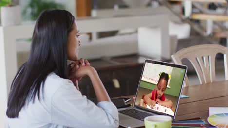 Caucasian-female-teacher-using-laptop-on-video-call-with-schoolgirl