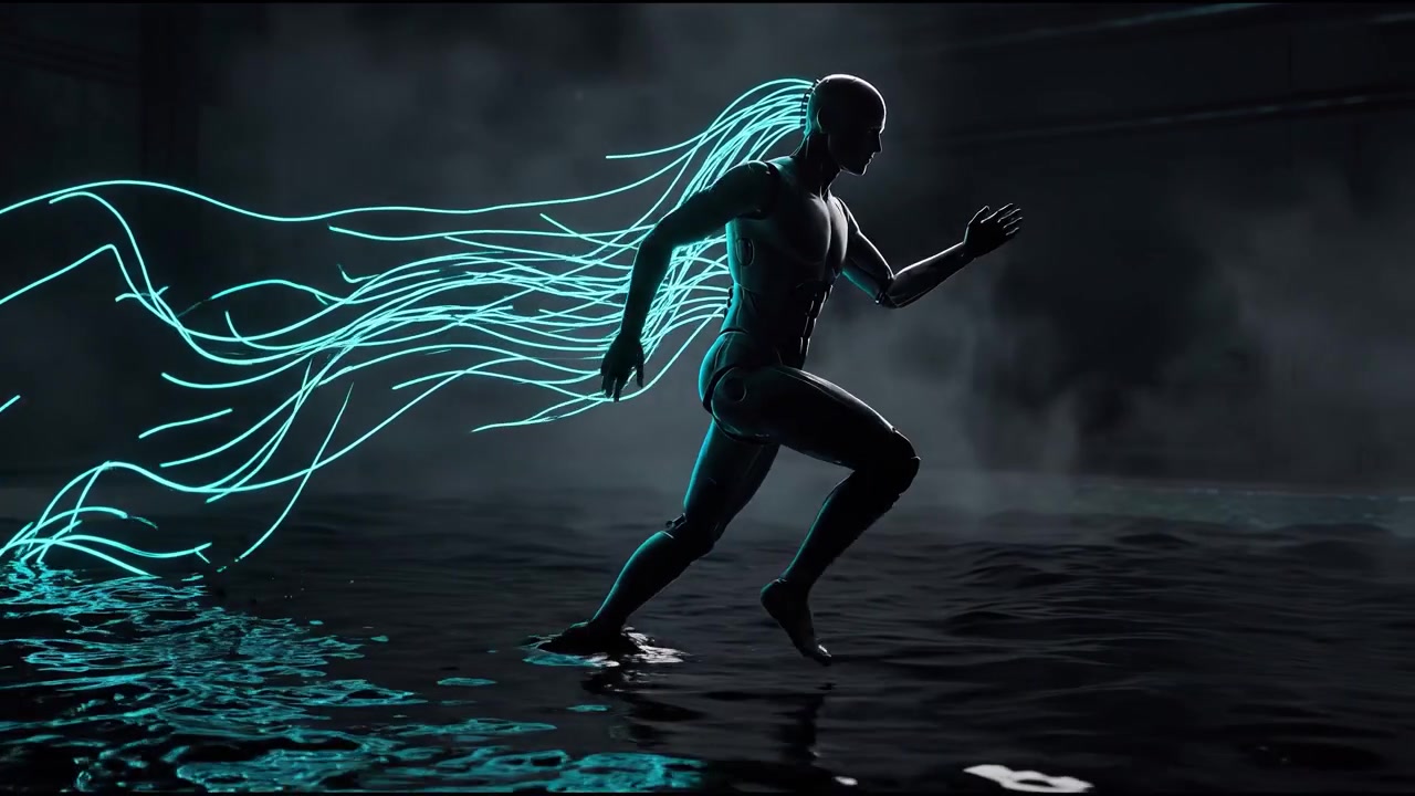 Futuristisk cyborg som løper gjennom mørkt vann med glødende fiberoptiske kabler