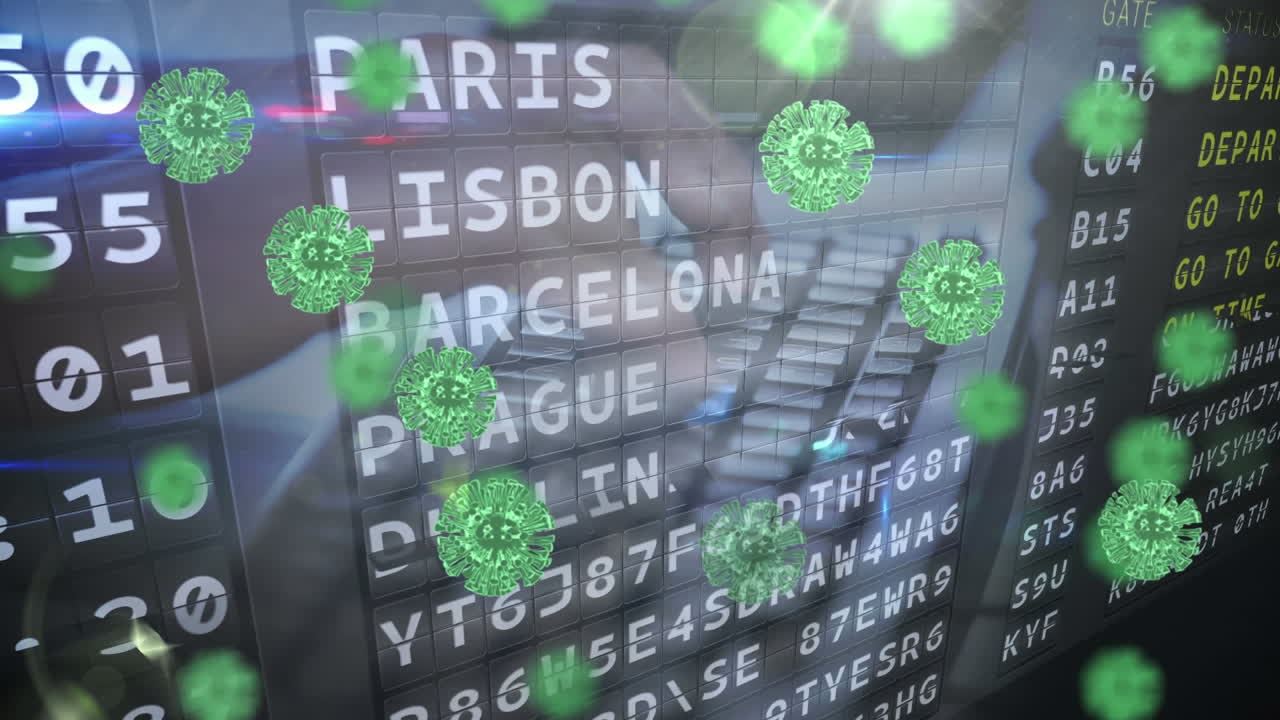 코로나 19 세포의 애니메이션 사람 타입 및 공항 비행 보드