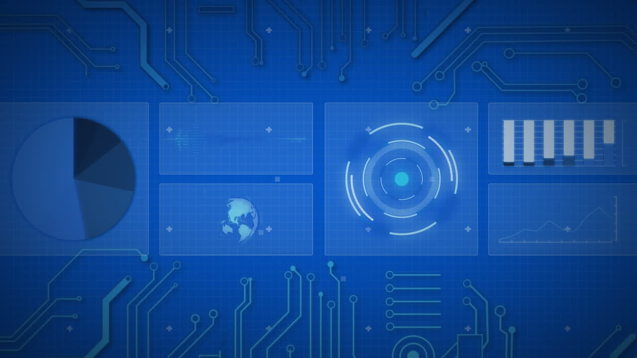 Animation of interface with data processing and microprocessor connections against blue background