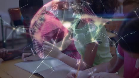 Animation-of-globe-and-network-of-connections-over-schoolchildren-writing