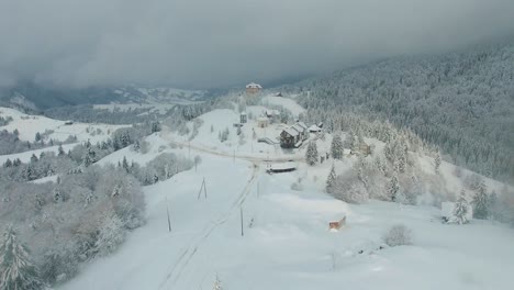Aerial Drone View Flight over Winter Mountain Forest Aerial Drone View Flight over Winter Mountain Forest Pine Trees Covered with Ice and Snow top Point View