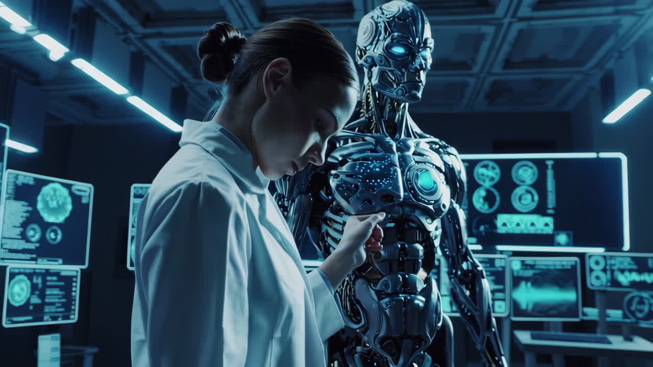 Scientist Examining a Robot in a Futuristic Laboratory