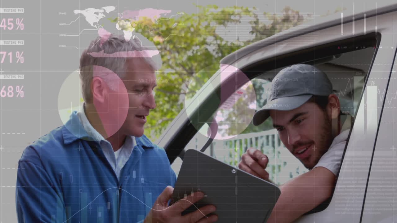 procesamiento de datos estadísticos contra un trabajador masculino de alto nivel y un repartidor discutiendo sobre el clipboard