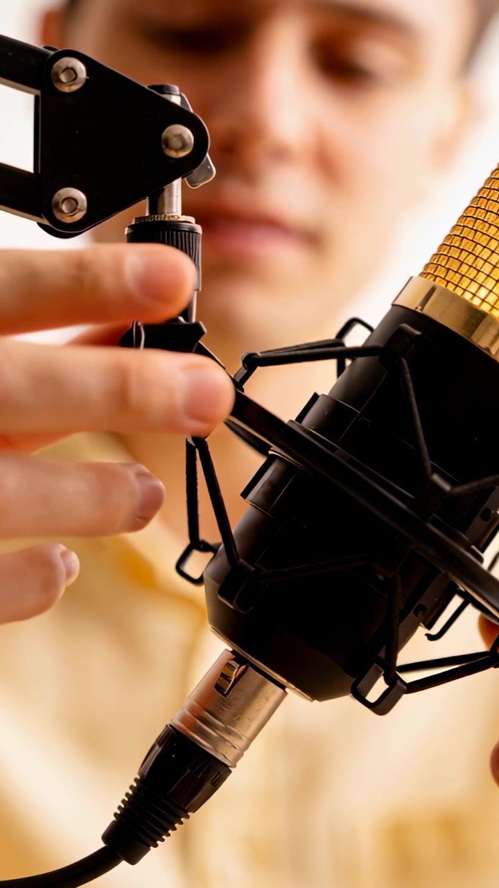 Video verticale: Uomo in camicia che gira una manopola e fissa un cavo XLR a casa per un podcast, con spazio per il testo