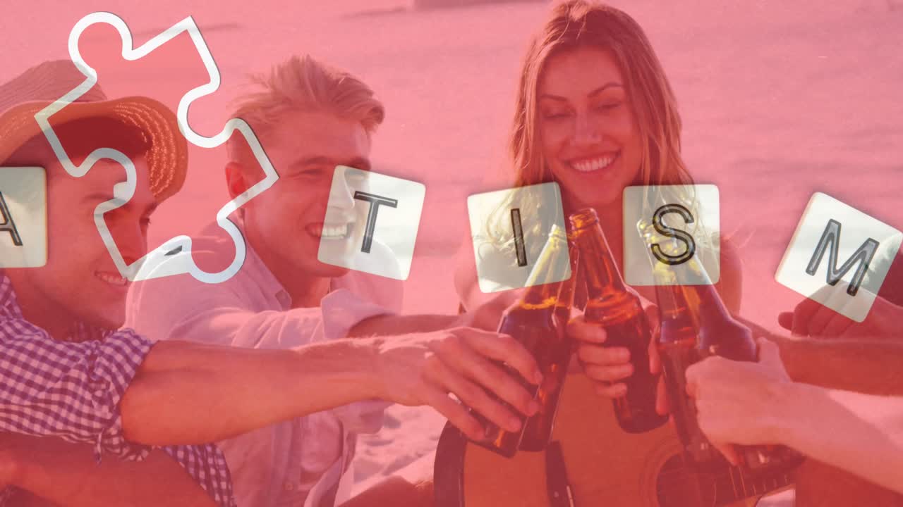 animación de piezas de rompecabezas coloridas y texto de autismo sobre amigos felices bebiendo cerveza en una fiesta en la playa